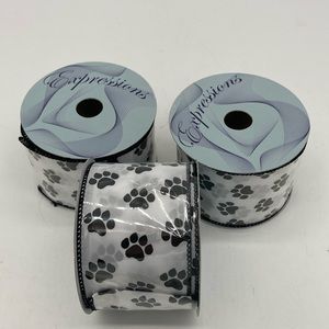 (3) Spools Black / White Paw print Wire Ribbon - 30 yards total